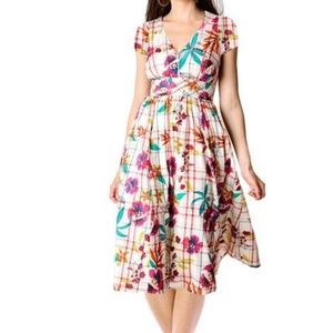 FLORAL PRINT COTTON CHECK BANDED EMPIRE DRESS